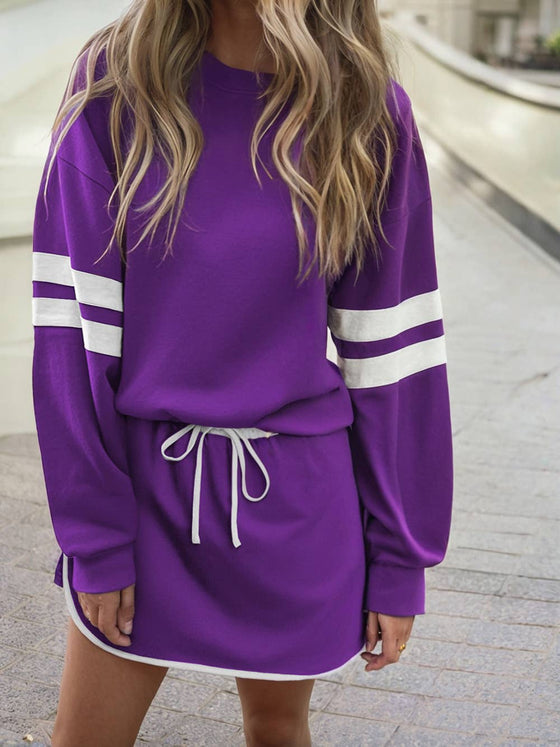 Varsity Stripe Detail Drop Shoulder Pullover Mini Skirt Set