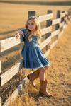 Denim blue Wide flare denim dress with white lace hem. DRG60290 JEAN