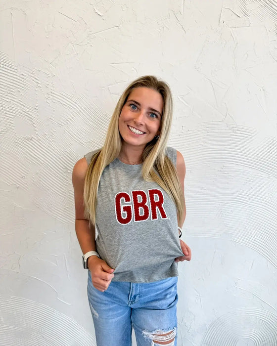 RED/ WHITE SPARKLE GBR - GREY CROP TEE