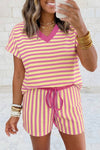 Stripe Short Sleeve V Neck Top Drawstring Waist Short Set