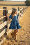 Denim blue Wide flare denim dress with white lace hem. DRG60290 JEAN