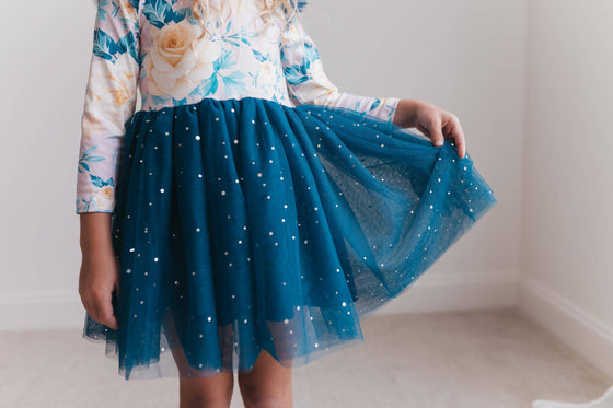 Kids Teal Blue Floral Print Sparkle Tulle Dress