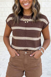 Brown Striped Short Sleeve Knit Western Sweater