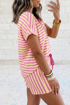 Stripe Short Sleeve V Neck Top Drawstring Waist Short Set