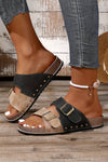 Suede Riveted Buckle Strap Slide Sandals