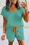 Stripe Short Sleeve V Neck Top Drawstring Waist Short Set