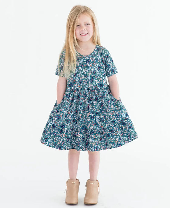 RuffleButts Majestic Meadow Knit Short Sleeve Ruffle Dress