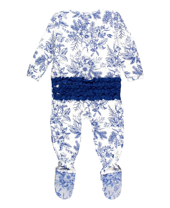 RuffleButts Winter Bliss Toile Baby Girls Ruffled Footed One-Piece Pajama