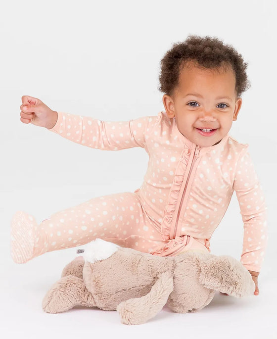 RuffleButts Pink Fown Dot Baby Girls Ruffled Footed Pajama