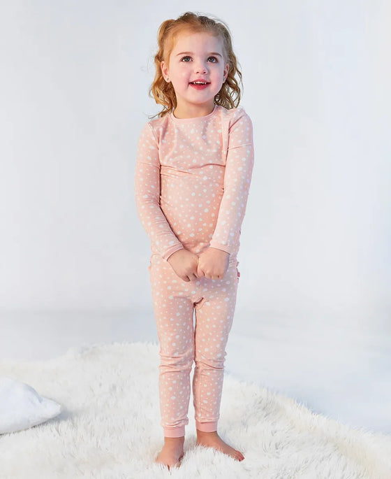 RuffleButts Pink Fawn Dot Toddler Girls Ruffle Long Sleeve Pajama Set