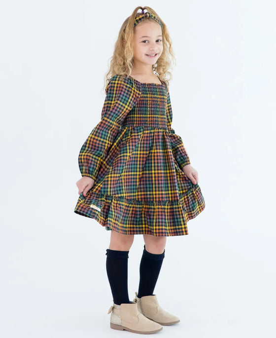 RuffleButts Harvest Rainbow Gingham Long Sleeve Smocked Ruffle Hem Dress