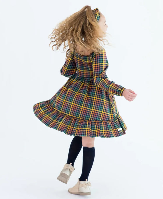 RuffleButts Harvest Rainbow Gingham Long Sleeve Smocked Ruffle Hem Dress