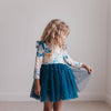 Kids Teal Blue Floral Print Sparkle Tulle Dress