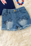 Navy blue patriotic bow printed tank top and denim distressed shorts. OFG60469 AMY