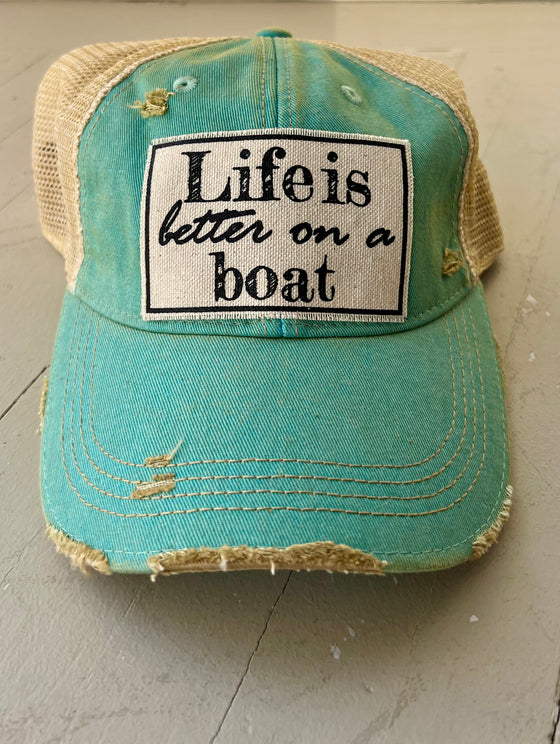 Distressed Mesh Back Cap "Life is Better On a Boat"