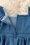 Denim blue Wide flare denim dress with white lace hem. DRG60290 JEAN