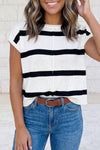 Brown Striped Short Sleeve Knit Western Sweater