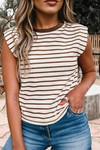 Stripe Ribbed Round Neck Trim Loose Tank Top (S-XL)