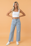 PRETTY BASH Polka Dot Denim Raw Hem Barrel Jeans