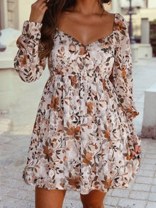  Floral Sweetheart Neck Long Sleeve High Waist Mini Dress