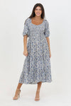 SMOCKED BODICE HALF PUFF SLEEVE MIDI DRESS