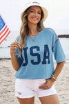 4th of July Half Sleeve Loose Ribbed USA Graphic Top | S-4X