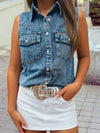 Buttoned Front Collared Denim Sleeveless Top