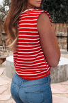 Stripe Ribbed Round Neck Trim Loose Tank Top (S-XL)