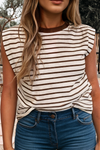 Stripe Ribbed Round Neck Trim Loose Tank Top (S-XL)