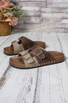 Suede Riveted Buckle Strap Slide Sandals
