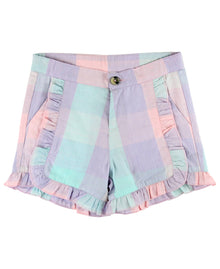  Girls Cotton Candy Plaid Ruffle Trim Woven Shorts