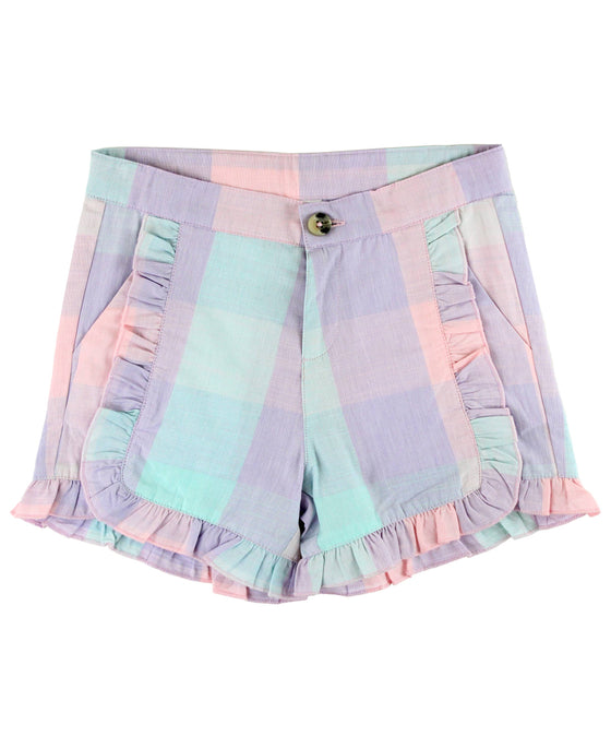 Girls Cotton Candy Plaid Ruffle Trim Woven Shorts