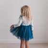 Kids Teal Blue Floral Print Sparkle Tulle Dress