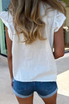 Lace Detail Round Neck Flutter Sleeve Pleat Blouse | S-XL