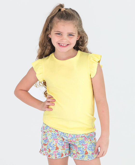 Girls Banana Yellow Rib Knit Flutter Sleeve Top