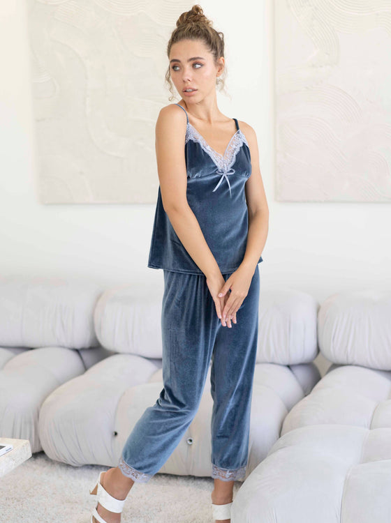 Blue-Grey Velvet Velour Dreamy Pajama Set