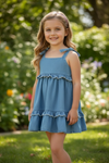 Lt. blue denim dress with ruffle detail. DRG60415 SOL