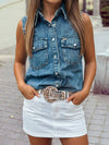 Buttoned Front Collared Denim Sleeveless Top