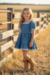 Denim blue Wide flare denim dress with white lace hem. DRG60290 JEAN