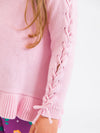Girls Pink Ruffle Hem Lace Up Sweater