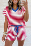 Stripe Short Sleeve V Neck Top Drawstring Waist Short Set