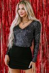 Sequin V-Neck Long Sleeve Bodysuit