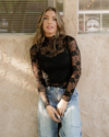 Black Mock Neck Floral Lace Mesh Long Sleeve Top