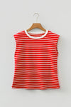 Stripe Ribbed Round Neck Trim Loose Tank Top (S-XL)