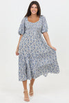 SMOCKED BODICE HALF PUFF SLEEVE MIDI DRESS