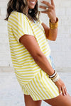 Stripe Short Sleeve V Neck Top Drawstring Waist Short Set