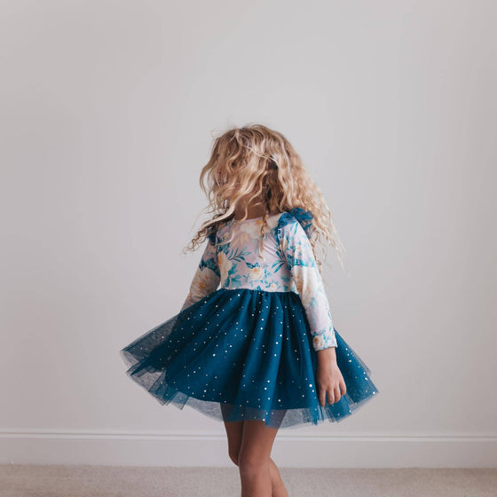 Kids Teal Blue Floral Print Sparkle Tulle Dress