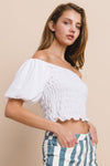 SMOCKED TOP WITH DOUBLE BUBBLE POOF SLEEVES - WHITE 1498TB