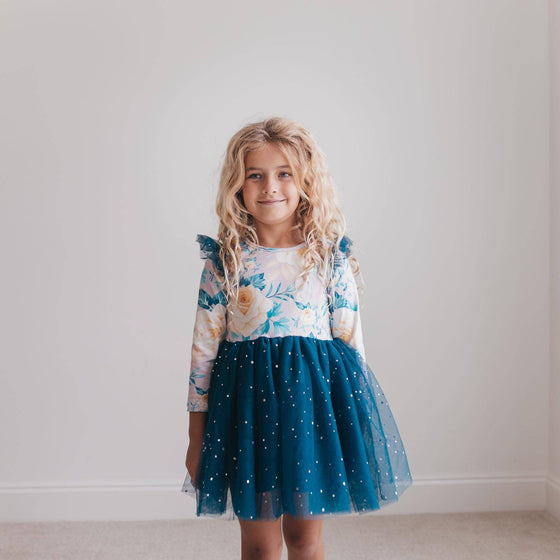 Kids Teal Blue Floral Print Sparkle Tulle Dress