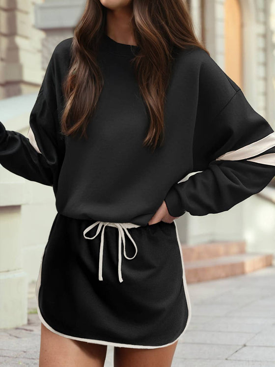 Varsity Stripe Detail Drop Shoulder Pullover Mini Skirt Set